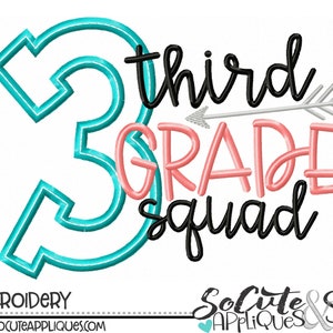 Back to school Embroidery design, Third Grade squad, school shirt design, 3rd grade applique, 1st day of school, teacher, socuteappliques