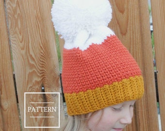 Crochet Kids Beanie Pattern with Pom Pom, Colorblock Candy Corn Toque, Striped Baby Hat Pattern