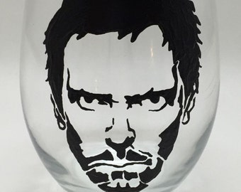 Hugh Laurie (House) Hand Painted Stemless Wine Glass