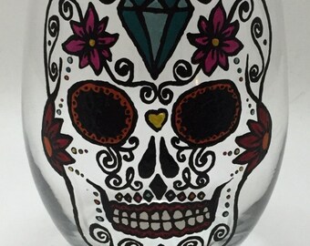 Sugar Skull with Diamond Hand Painted Wine Glass