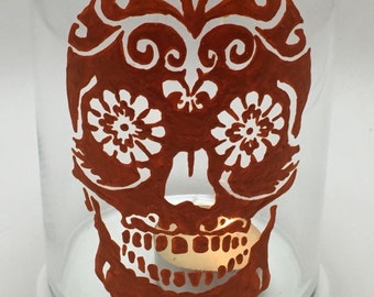 Orange Sugar Skull Hand Painted Candle Holder/Jar