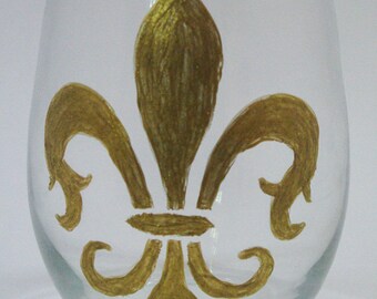 Fleur de Lis Hand Painted Stemless Wine Glass