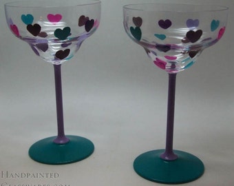 Pair of Hearts Hand Painted Margarita Glasses