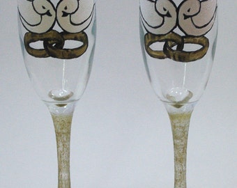 Pair of Doves Hand Painted Champagne Glasses (Sold as a pair)