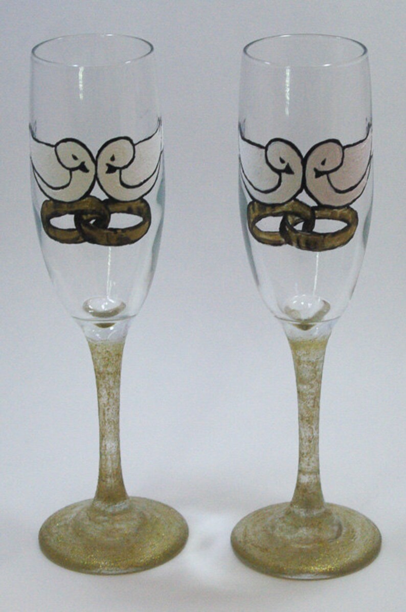 Pair of Doves Hand Painted Champagne Glasses Sold as a pair image 1