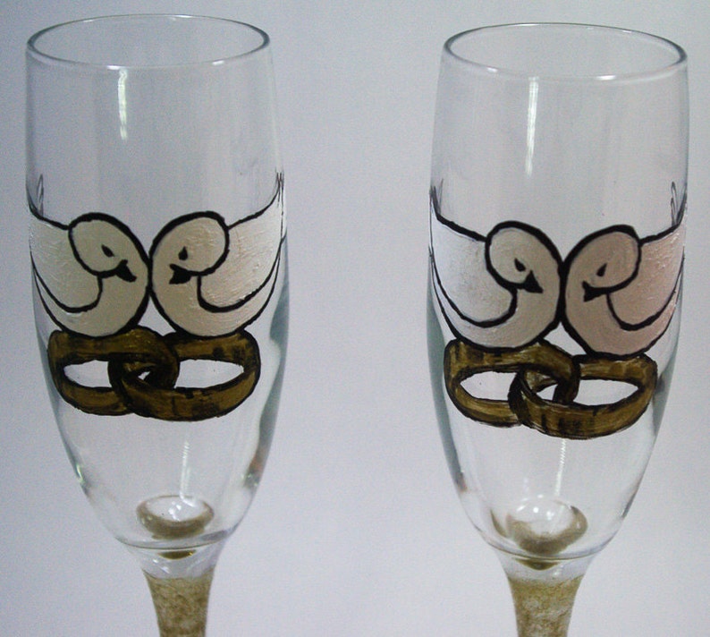 Pair of Doves Hand Painted Champagne Glasses Sold as a pair image 2