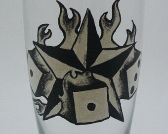 Tattoo Art Hand Painted Beer or Soda Glass