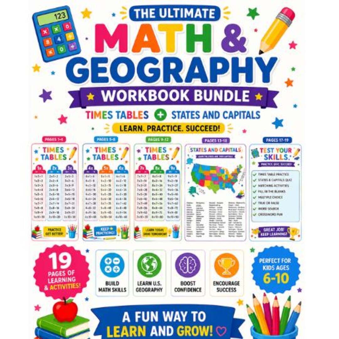 Geopraph Math Kids Math and Geography Workbook | Times Tables States Capitals ...