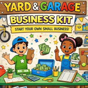 May include: Colorful illustration promoting a "Yard & Garage Business Kit." Two children are featured with money, a calculator, and a sales tracker. The image includes text that reads "Start Your Own Small Business!"
