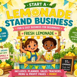 Puede incluir: Ilustración colorida que promociona un negocio de puesto de limonada. La imagen presenta a dos niños detrás de un puesto de limonada. El texto incluye "Start a Lemonade Stand Business" y "Fresh Lemonade". Otros textos: "Learn, Earn & Have Fun!"