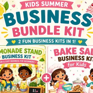 Puede incluir: Una colorida ilustración que promociona un "Kids Summer Business Bundle Kit". La imagen presenta el texto y destaca dos kits: un kit de negocio de limonada y un kit de venta de pasteles para niños.