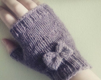 Hand knit short fingerless gloves with bow