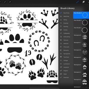 May include: A digital art collection featuring various black paw prints, wreaths, and animal tracks. The image includes the number "19" and the text "Brush Library" and "Paw Prints". The designs are suitable for digital art projects.