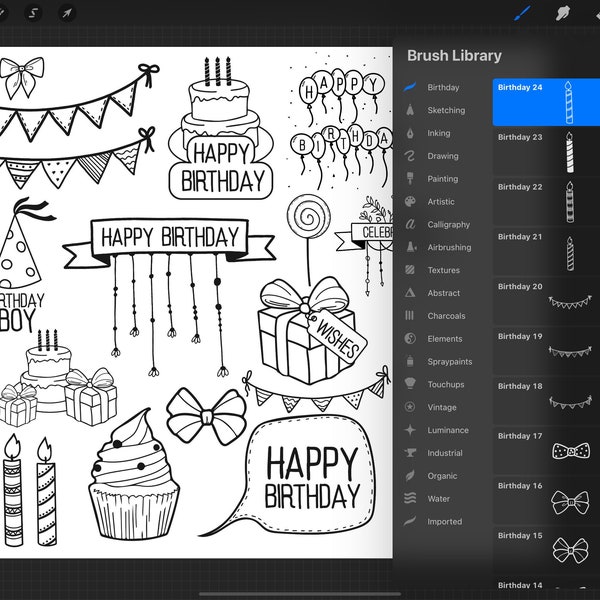 Birthday procreate stamps by Oxee, birthday sign procreate stamps, hand drawn birthday cake procreate stamps, birthday hat bundle brush