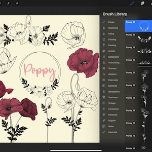 Poppy procreate stamps by Oxee, Ipad procreate stamps, poppy bouquets procreate stamps, poppy wreath brush procreate