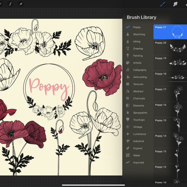 Poppy procreate stamps by Oxee, Ipad procreate stamps, bouquets de pavot procreate stamps, poppy wreath brush procreate