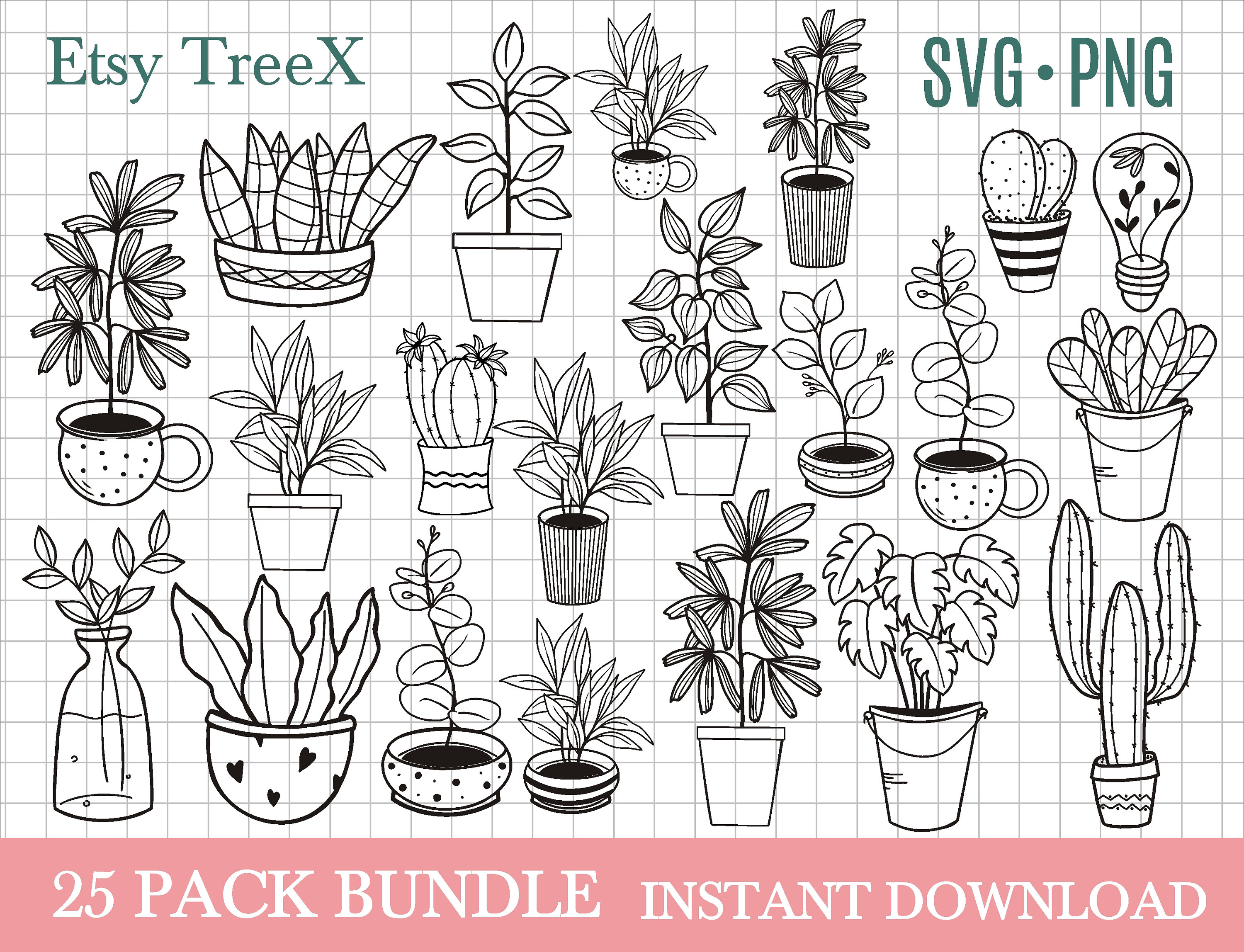 Hand Drawn House Plants Svg Bundle Home Plant Svg Potted Etsy