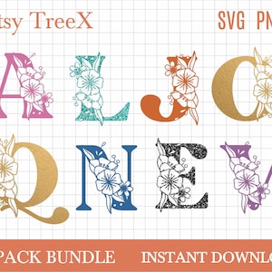 Paquete SVG de alfabeto floral, letras svg por Oxee, paquete de letras de flores svg, letras florales retro svg