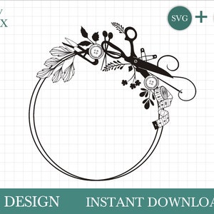 Peut inclure: Silhouette noire et blanche d'une couronne avec des éléments sur le thème de la couture, y compris des ciseaux, des boutons, des aiguilles et un ruban à mesurer. La couronne est circulaire et a un espace vide au centre.