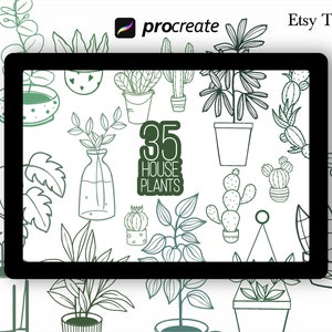 May include: A digital illustration of 35 different house plants, including cacti, succulents, and leafy plants. The illustration is in black and white and has a green background. The text "35 House Plants" is in a circle in the center of the image.