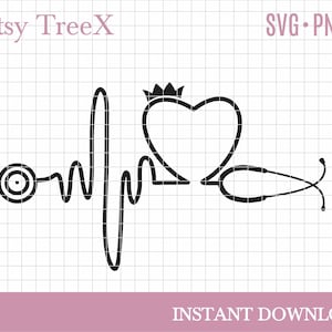 Stethoscope heart beat SVG by Oxee, hand drawn nurse SVG, stethoscope heart, stethoscope with crown svg, cricut cut file