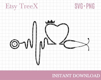 Stethoscoop Heartbeat SVG: verpleegkundige met kroon, Cricut Cut-bestand (digitale download)