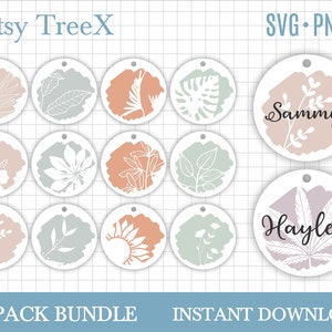 Könnte beinhalten: Ein Set mit 15 druckbaren SVG- und PNG-Dateien mit verschiedenen Blumen- und Blattmotiven. Die Designs sind kreisförmig und beinhalten Namen wie Sammy und Hayley. Die Designs sind perfekt zum Erstellen von personalisierten Etiketten, Aufklebern oder Ornamenten.