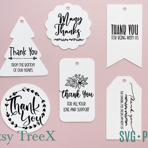 May include: Set of six printable thank you gift tags in black and white. The tags feature various designs, including a tree, a circle with leaves, a floral design, and a banner. The text on the tags includes "Thank You", "Many Thanks", "From the Bottom of Our Hearts", "For All Your Love and Support", "For Being With Us", and "For Sharing This Special Day With Us!"