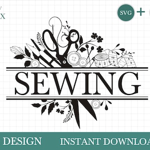 Può includere: Design in silhouette in bianco e nero di strumenti per cucire ed elementi floreali con la parola "CU­CITURA" in uno stendardo diviso.