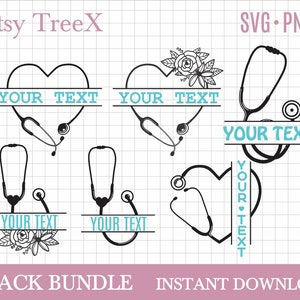 Stethoskop Split Monogramm SVG Bundle von Oxee, handgezeichnete Krankenschwester Bundle SVG, Stethoskop Herz, floral Stethoskop svg, Cricut geschnitten Datei