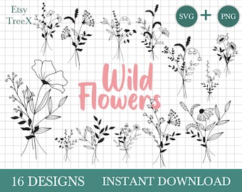 Wild flowers SVG bunches bundle, hand drawn field flowers svg by Oxee, doodle bunch svg