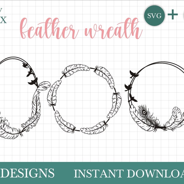 Hand drawn feather wreath SVG bundle, boho svg, dream catcher svg, feathers svg by Oxee, flying birds svg