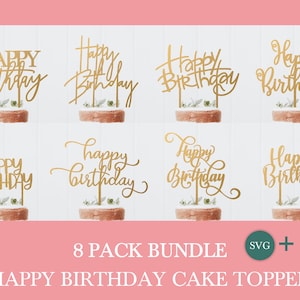 Happy Birthday cake topper svg bundle by Oxee, happy birthday cake topper cut file, laser cut cake topper file, vector cake topper file