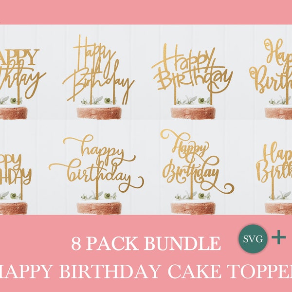 Happy Birthday cake topper svg bundle by Oxee, happy birthday cake topper cut file, laser cut cake topper file, vector cake topper file