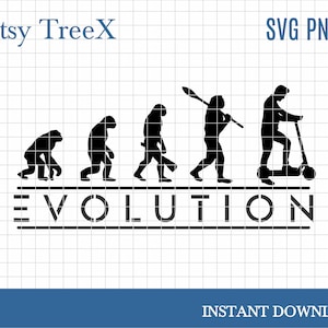 Puede incluir: Una ilustración en silueta en blanco y negro de la evolución del hombre, comenzando con un mono y terminando con una persona conduciendo un scooter. El texto "EVOLUTION" está debajo de las siluetas.