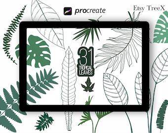 Tropical Leaves Procreate Stamps: 31 Brush Shapes (Digital Download)