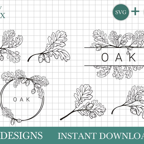 Bundle de SVG de chêne dessiné à la main, svg de feuilles de chêne, SVG de gland de chêne par Oxee, monogramme de chêne, svg de couronne de chêne