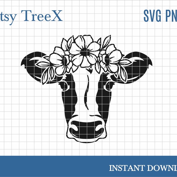 Cow head with wreath SVg by Oxee, cow head with flowers, vecgtor cow, cricut cow, silhouette cow