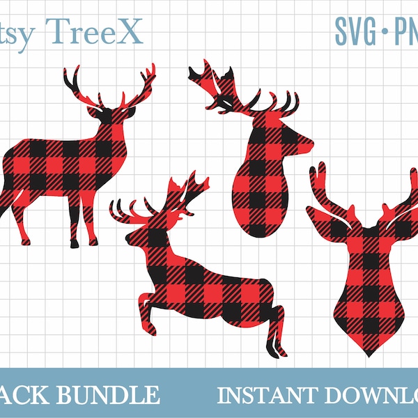 Buffalo Plaid Deer silhouette SVG bundle, Christmas reindeer silhouette by Oxee, jumping deer outline svg, cricut svg, deer silhouette svg