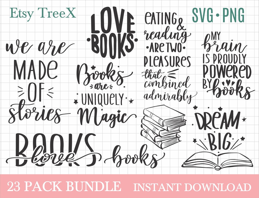 Hand Drawn Book Lover Bundle SVG, Hand Lettered Reading Books Svg by ...