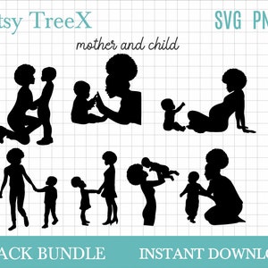 Oxee による母と子のシルエット SVG バンドル、母と娘の SVG、黒人の母と息子、黒人の母と赤ちゃん、母の日、Cricut