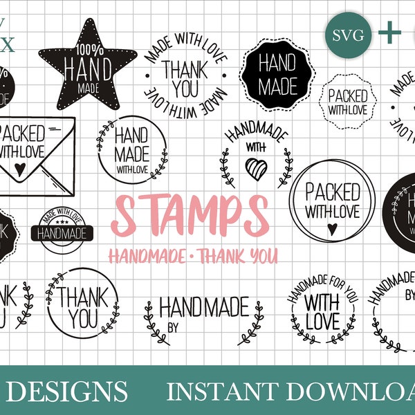 Hand drawn thank you stamps SVG bundle, hand made with love stamps svg by Oxee, handmade by svg stamps, thank you svg, packed with love