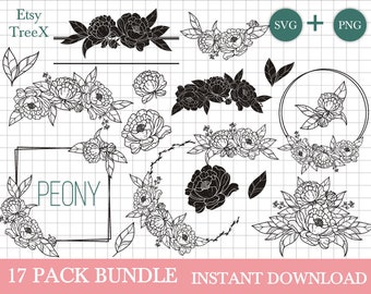 Peony SVG Bundle: Hand-Drawn Floral Wreath Monogram (Digital Download)