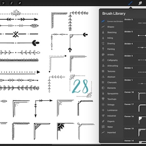 Puede incluir: Una ilustración digital de 28 trazos de pincel diferentes en blanco y negro para esquinas y divisores. Los trazos de pincel se muestran en un formato de cuadrícula. Los trazos de pincel están etiquetados con el texto "Brush Library".