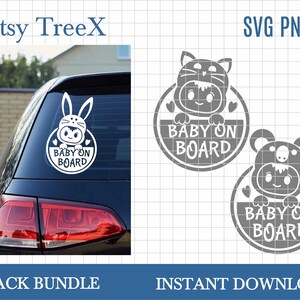 Uroczy pakiet naklejek samochodowych SVG „Baby on Board” autorstwa Oxee, ręcznie rysowany mały koala na pokładzie SVG, mały kotek na pokładzie SVG, mały króliczek na pokładzie