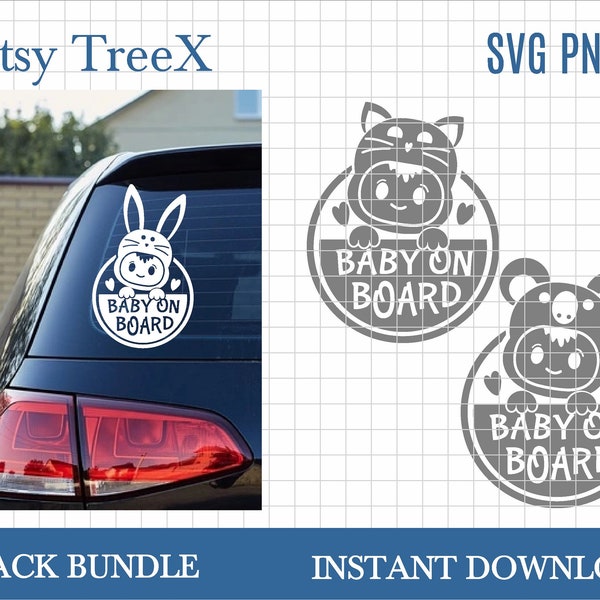 Cute Baby on Board car stickers SVG bundle by Oxee, hand drawn baby koala on board svg, baby kitty on board svg, little rabbit on board