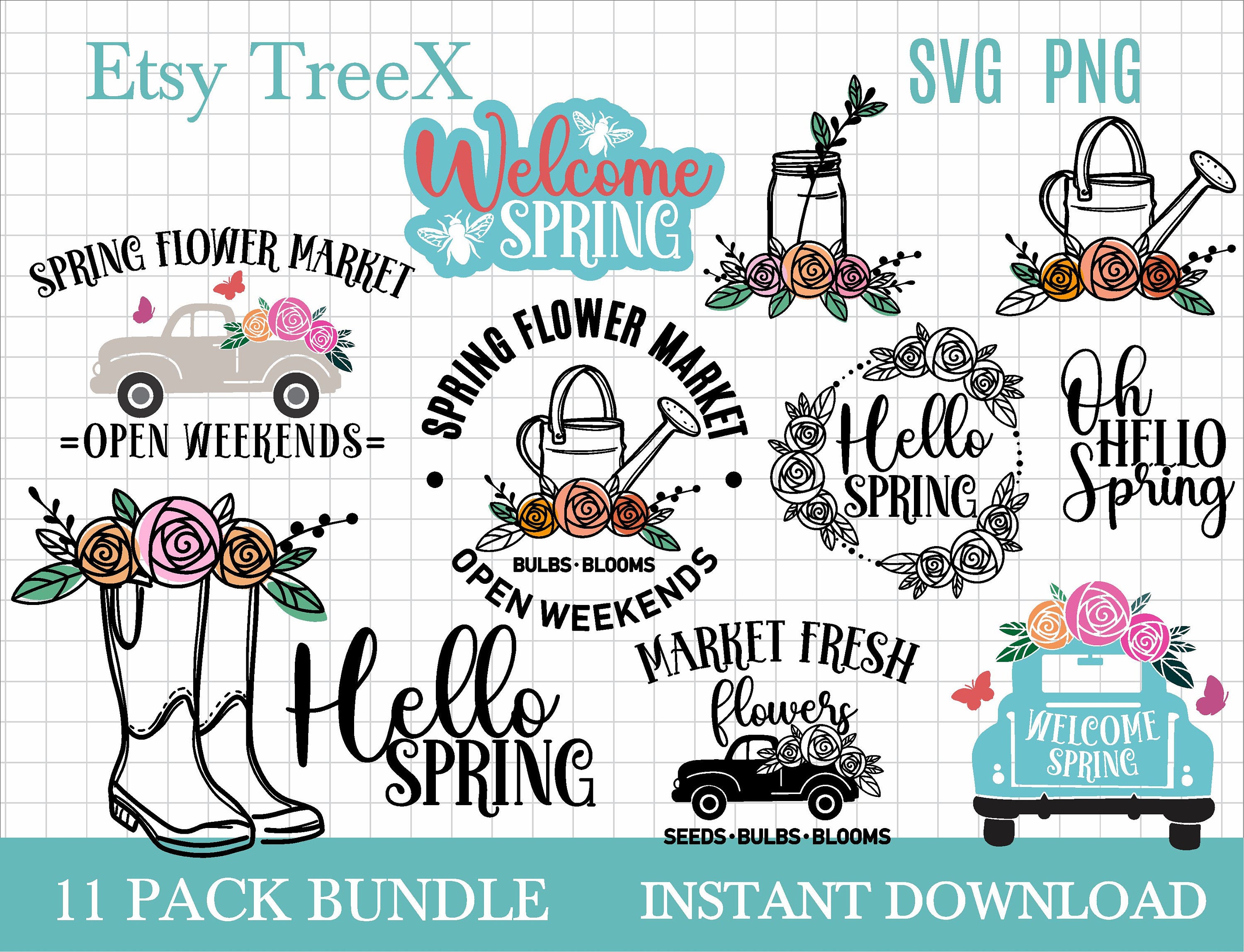 Spring SVG bundle by Oxee, hello spring cut digital file, hand drawn spring flower wreath svg, spring market SVG cut file, cricut spring