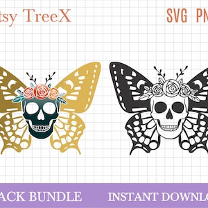 Hand gezeichneter Totenkopf Schmetterling SVG, Sugar Skull mit Flügeln svg von Oxee, Sugar Skull svg, Cricut cut Datei, Skull Tattoo