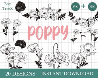 20 Poppy SVG bundle by Oxee, hand drawn poppy flowers svg, poppy bouquets, poppy bunch svg, poppy wreath, poppy monogram