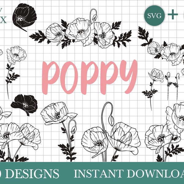20 Poppy SVG bundle by Oxee, hand drawn poppy flowers svg, poppy bouquets, poppy bunch svg, poppy wreath, poppy monogram